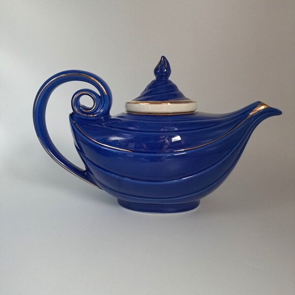 Hall Pottery Blue Gold Aladdin Lamp 6 Cup Teapot Tea Strainer MCM Genie-Inspired - Picture 1 of 16